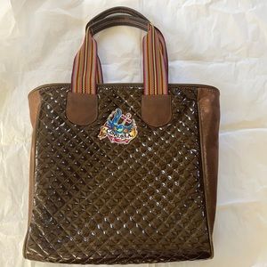 Consuela Quilted Tote Bag. Dark brown with floral embroidery.